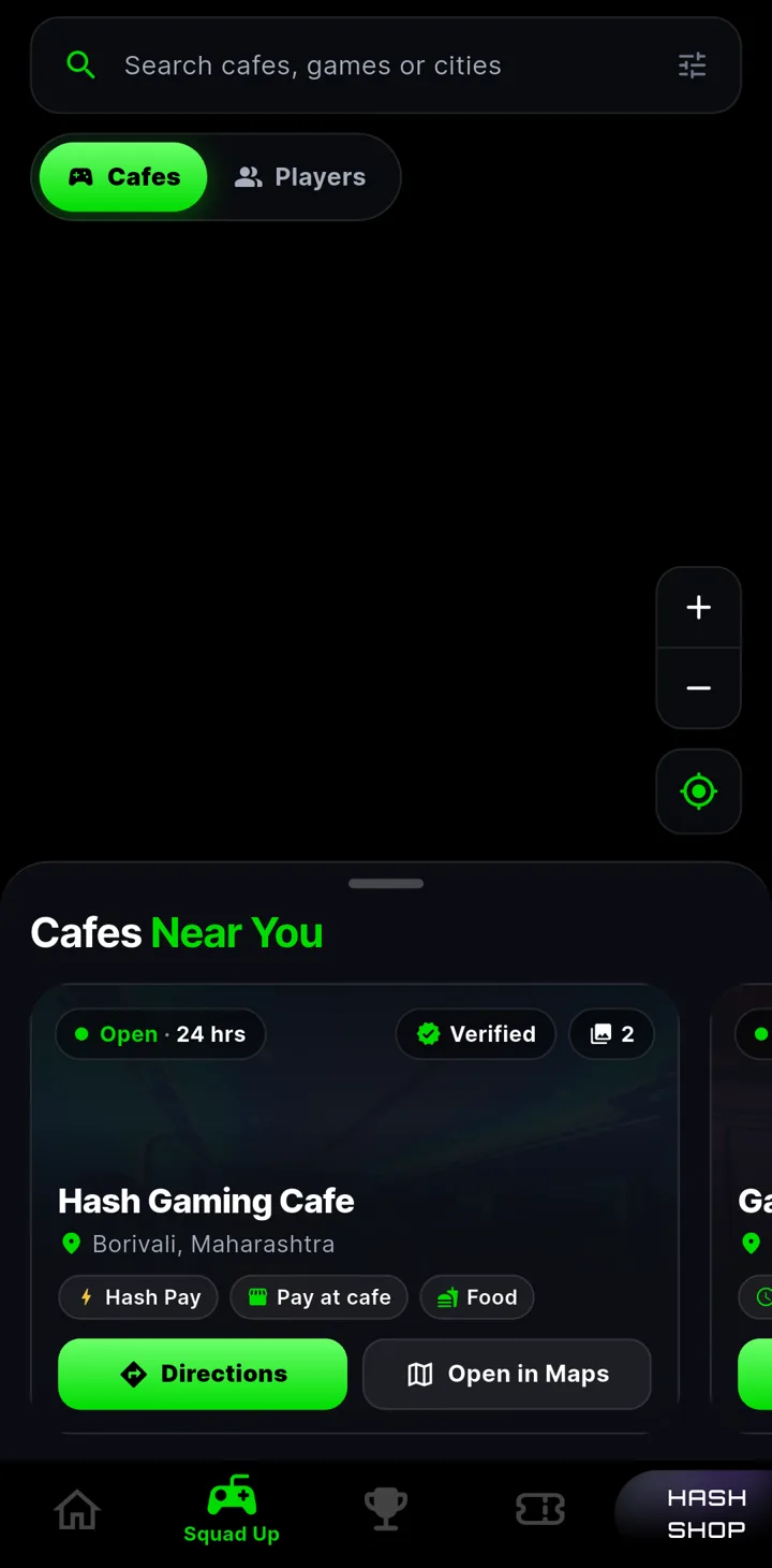 Hash app showing verified gaming cafes near you with directions